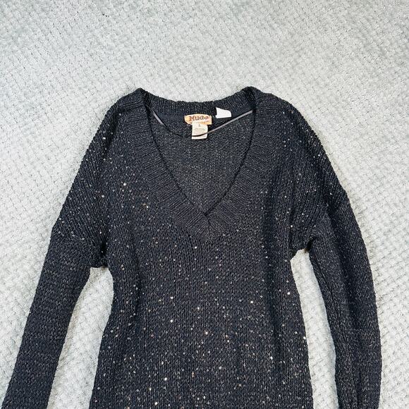 vintage y2k MUDD black sparkly sequin crochet coquette knit sweater wmns L - Picture 2 of 6